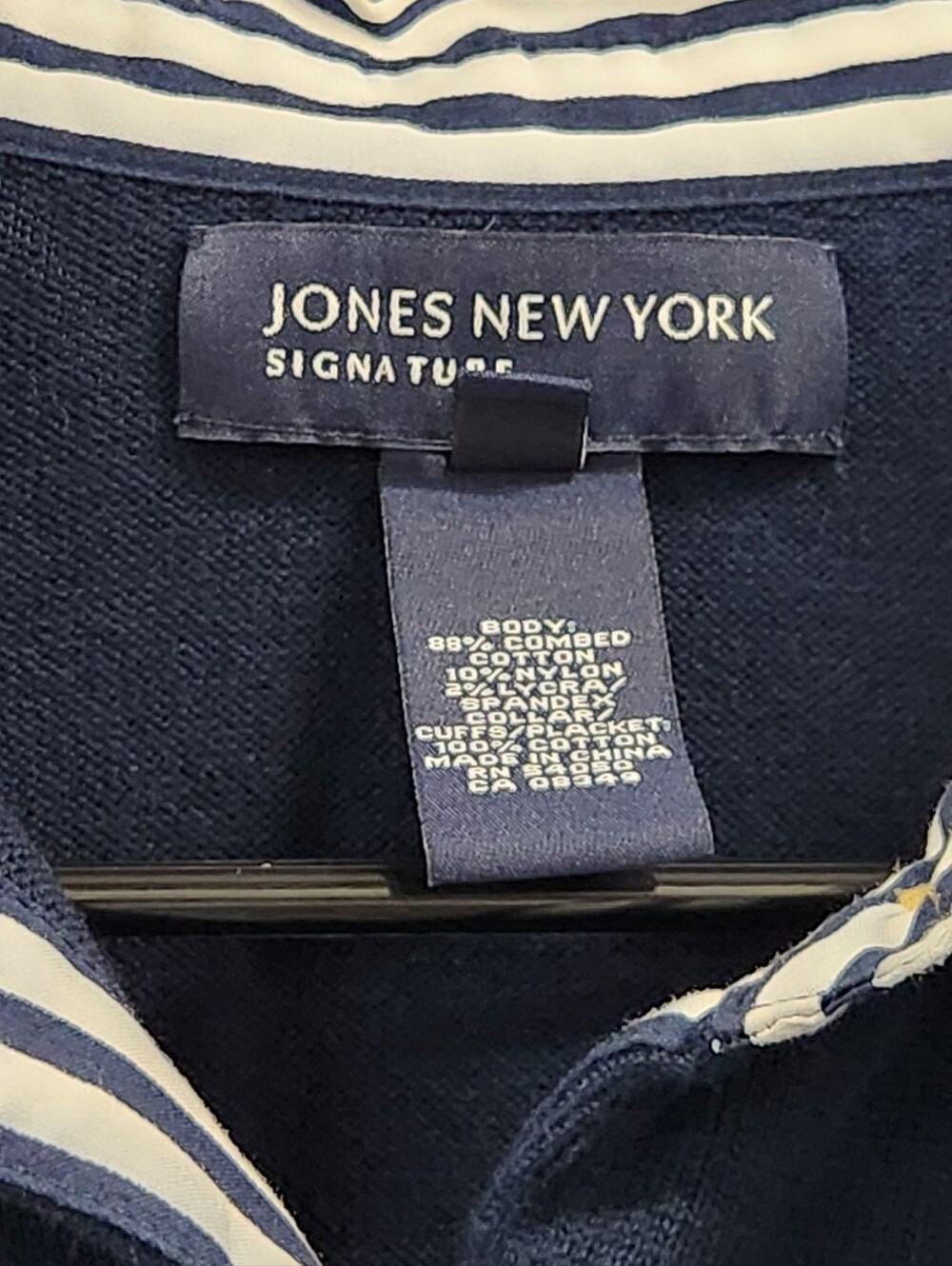 Jones New York Navy Striped Collar Knit Top Gold Buttons M - Picture 5 of 9